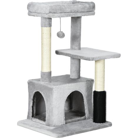 Arbre à chat avec panier lavable, bac à litière et jouets, gris clair, 48 x 48 x 85 cm Ce produit est fabriqué avec des
