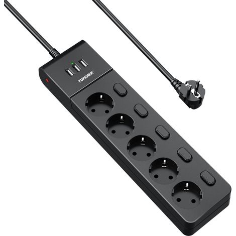 Multiprise commutable individuellement, multiprise 5 prises avec 3 ports USB, protection contre les surtensions, multiprise avec USB, câble de 2 m