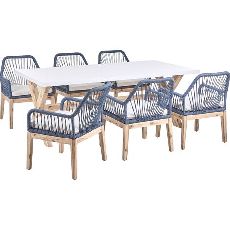 Garden Dining Set White Navy Blue Concrete Table Polypropylene Chairs with Cushions Acacia Wood Legs 6 Seater OLBIA