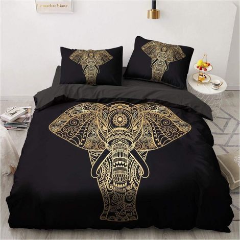 Bettwäsche-Set 155x220cm Schwarz Gold Elefant Indisch Bohemien Mikrofaser mit Reißverschluss