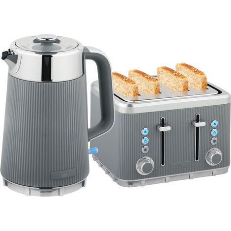 Bouilloire 2200 W, 1,7 L avec fonction ébullition rapide, filtre anticalcaire et grille-pain 4 tranches à 7 niveaux de brunissage, gris (1/5)