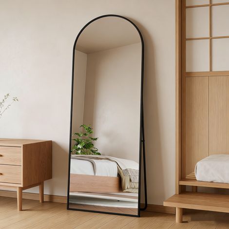 Miroir Complet arqué 162x53 cm, Minimaliste sur Pied, Grand Miroir de Sol Pleine Longueur, Bombé et Suspendu, Elliptique, pour Chambre Salon Entrée, Noir