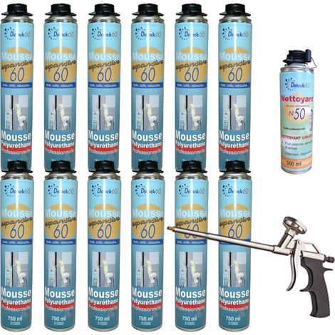 Dstock60 – Lot de 12 mousses polyuréthane expansive 750 ml – Mousse pistolable pour intérieur et extérieur – 1 pistolet et nettoyant inclus