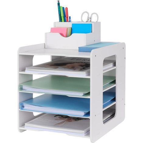 Organizador de escritorio con bandeja para cartas, 5 niveles, blanco (1/5)