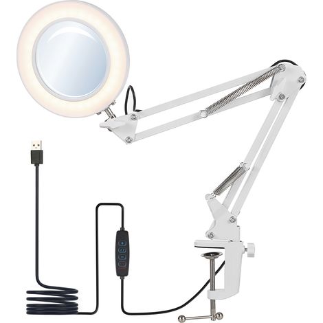 SJLERST Lampe de bureau flexible à pince, avec loupe 8x Lampe de bureau LED orientable à gradation avec 3 modes de couleurs et 10 niveaux de luminosité (1/5)