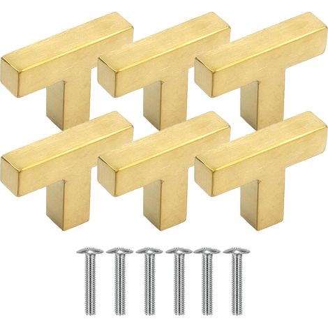6 Pieces Poignée Meuble Acier Inoxydable, Bouton de Porte en T, Poignée Meuble 1 Trou Boutons de Tiroirs Or Boutons Carrés avec Vis pour Tiroirs Armoires Placard Commode (1/5)