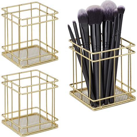 3 x Pen Holders Angular, Modern Decorative Design, Makeup Brush Organiser, Wired, Pencil Cup Desk, HxBxT: 10x9x9 cm