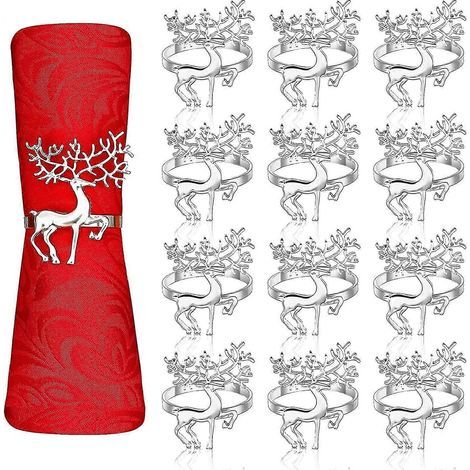 Lot de 12 ronds de serviette de Noël en forme de renne 6 cm argentés pour la décoration de table des fêtes de Noël. (1/5)