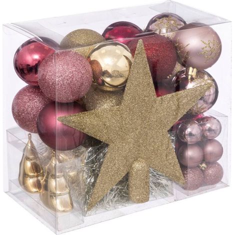 Déco de Sapin de Noël Kit 44 pièces, Boule, Guirlande et Cimier - Rose et Or - Feeric Christmas