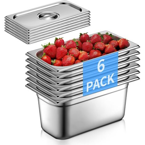 Lot de 6 Récipients en Acier Inoxydable 1/3 avec Couvercle, 33 x 18 x 15 cm, Bacs Gastro pour Restauration, Buffet, Cuisine Collective, Traiteur et Hôtel (1/5)