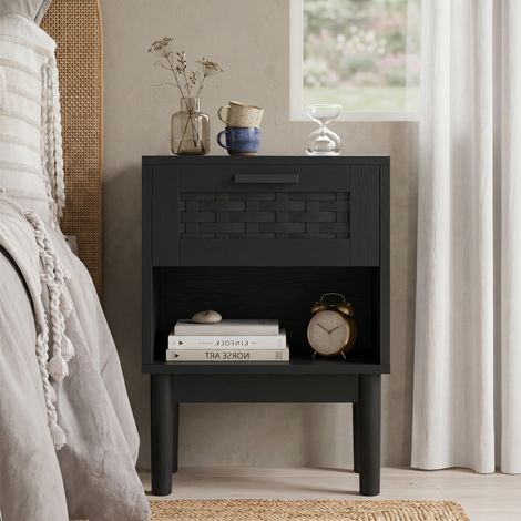 BLANKETSWARM - Lot de 2 tables de chevet, avec 1 tiroir en rotin, 40X30X55cm, table de chevet rotin style scandinave moderne, Noir
