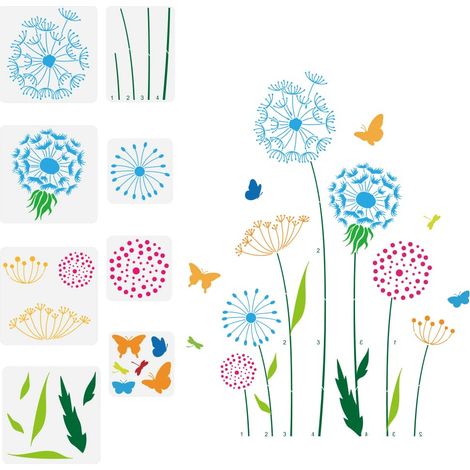 8PCS Pochoir de Peinture en Grappe de Pissenlit Réutilisable Modèle de Libellule Papillon Grande Fleur Pochoir de Pissenlit pour Clôture de Jardin Modèle de Thème Végétal pour Peinture (1/5)