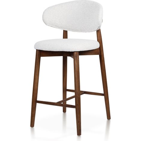 Tabouret Skandi en bois massif couleur noyer et assise en tissu chiné beige (1/5)