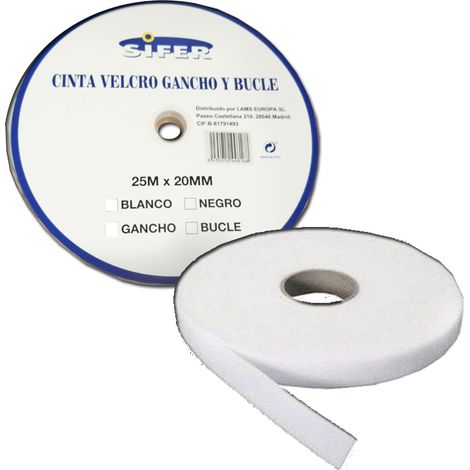 SIFER mâle/crochet ruban adhésif velcro blanc 25 mx 20mm