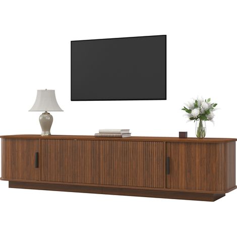 Meuble TV bas arrondi, portes coulissantes rainurées et LED, tiroirs ondulés (1/5)