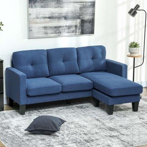 Canapé d'Angle 3 Places avec Méridienne Réversible Droite ou Gauche, Dossier Capitonné et Grand Confort pour Salon, Longueur 186 cm, Bleu (1/4)