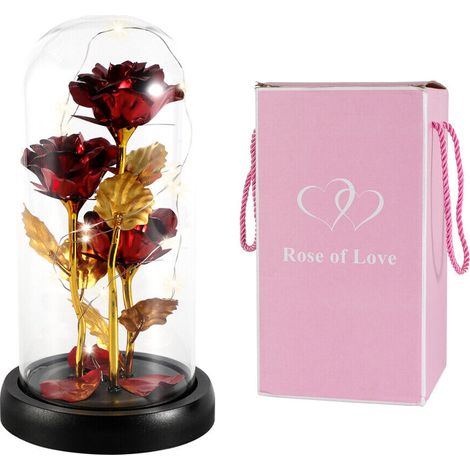 Rose Artificielle LED - Dôme En Verre - Lumière Chaude - Décoration Intérieure - Cadeau Pour Anniversaire Saint Valentin - Lot De 3 (1/5)