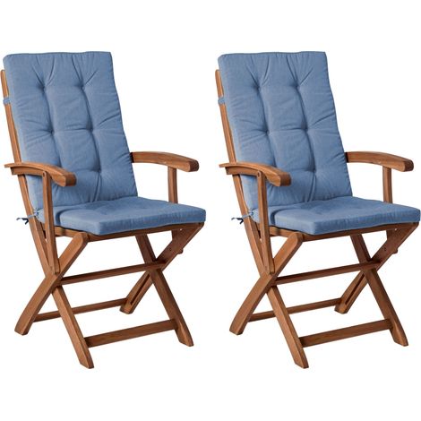 Set of 2 Garden Dining Chairs Brown with Blue Cushions Acacia Wood Frame Folding UV and Water-Resistant Rustic Design MAUI PREMIUM (1/5)