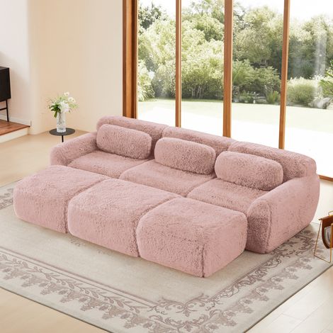 Canapé modulable 3 places 291x179x73 cm en tissu peluche – Sofa convertible avec méridienne et 3 poufs, tissu haute résilience, confort ergonomique – Rose