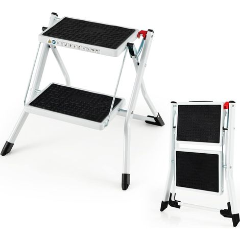 COSTWAY Escalera de 2 Peldaños, Taburete Plegable de Metal Resistente, Pedal Antideslizante & Almohadillas Grandes para los Pies, Escalera Portátil & Ligera con Capacidad para 150 kg (1/5)