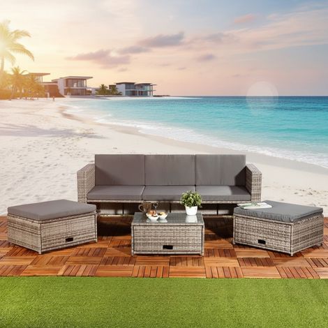 Melko Sitzgruppe Grau Polyrattan Lounge Sitzhocker Gartenset Essgruppe Sitzgarnitur