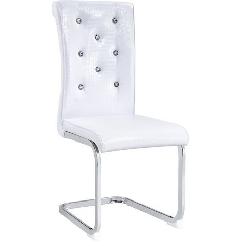 Lot de 2 chaises de salle à manger blanches effet croco, dossier capitonné avec boutons cristal, pieds métal chromé, confort et style luxe - CHICFURN (1/5)