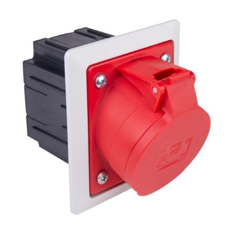 Base de enchufe roja inclinada de 16 A y 5 polos con caja de empotrar y marco (1/2)