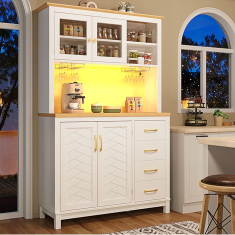 Buffet de cuisine MDF blanc 105,5x40x180 cm, 4 portes, grands rangements, tiroirs, étagères de porte et bande LED (1/5)