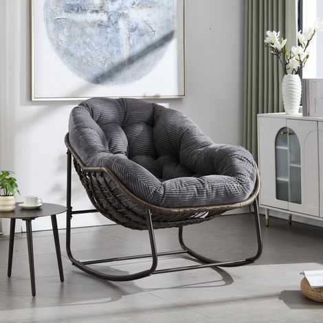 Poltrona a dondolo da esterno in rattan sintetico con cuscino, 78 x 106 x 90 cm, grigio, REDOM (1/5)