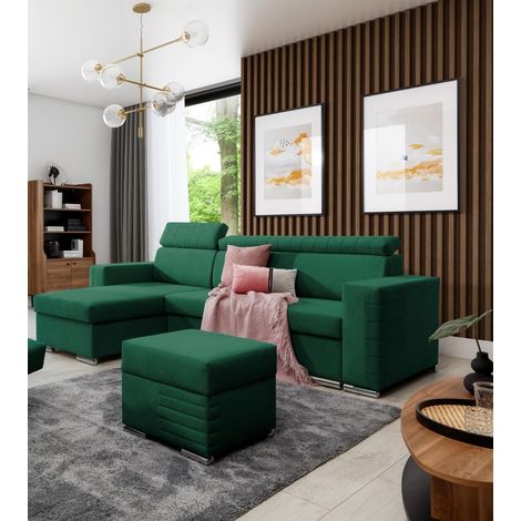 Ecksofa Schlafsofa inkl. Hocker CANTON Stoff Camelia Grün Ottomane Links (1/4)