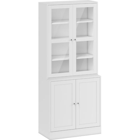 Modern Bookcase with Glass Doors, Display Storage Cabinet with Adjustable Shelves for Living Room, Study, Home Office, Kitchen Cupboard with Small Open Counter, White