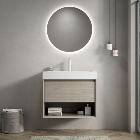 Meuble vasque suspendu 70 cm moderne, décor chêne clair avec vasque intégrée blanche en résine, 1 tiroir et niche ouverte (1/5)