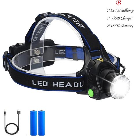 (Option B) Lampe frontale LED USB E2 8000LM, rechargeable avec batterie 18650, zoom, étanche, idéale pour la chasse, l'exploitation minière et la pêche. (1/5)