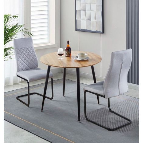 Hallowood Furniture Cullompton Dining Table and Chairs Set 2, Brown Oak Effect Top Small Round Kitchen Table and 2 Chairs in High Back, Grey Fabric Upholstery and Metal Legs for Home, Office & Café (1/5)