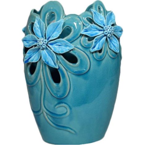 Vaso turchese con motivo floreale e finitura anticata, 32 cm (1/3)