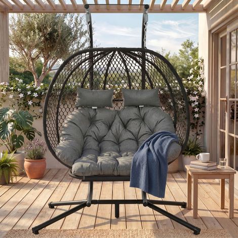 Fauteuil à bascule en forme d'œuf, fauteuil suspendu avec support, fauteuil suspendu de jardin, coussin d'assise et oreiller, repose-pieds, extérieur/intérieur, fauteuil à bascule double
