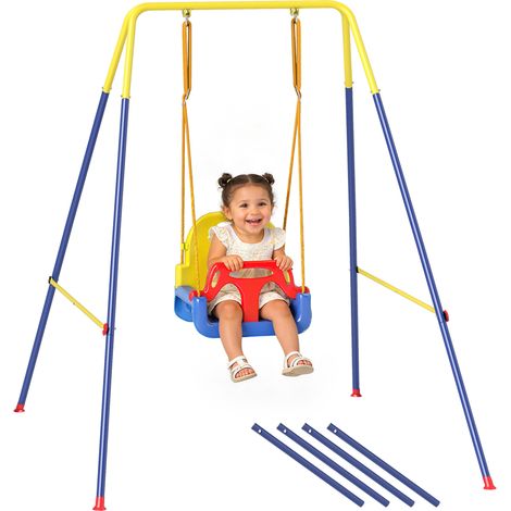 Portique Balançoire Enfants 3-en-1. Balançoire Pliable, Siège Réglable. Intérieur et Extérieur. Multicolore
