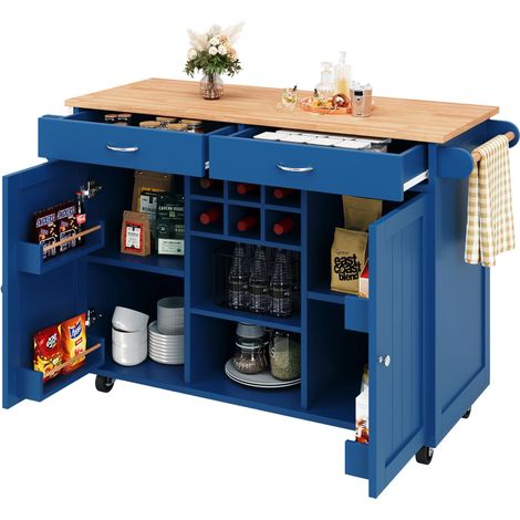 Carro de Cocina con Estantes Ajustables, Botellero y Ruedas con Freno, en MDF y Metal, Azul, 102x45x92 cm