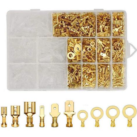 Kit de 1000 cosses à sertir à connexion rapide, gaine isolée en laiton, diamètres 2,8, 4,8 et 6,3 mm, pour applications industrielles. (1/2)