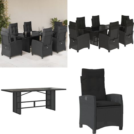 7-tlg. Garten-Essgruppe mit Kissen Schwarz Poly Rattan - Gartentisch - Gartenstuhl (1/5)