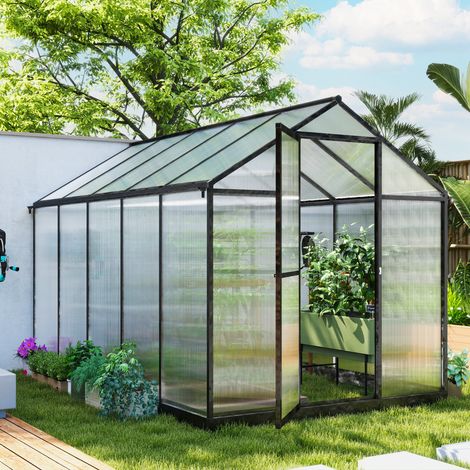 Invernadero de jardín de aluminio y policarbonato con ventanas superiores ajustables, 303x183x195cm, transparente (1/5)