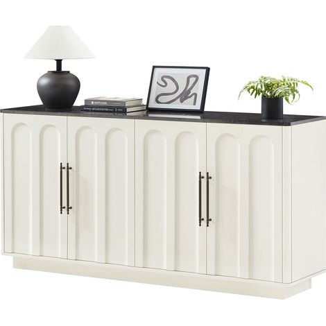 Buffet à façade arquée avec 4 portes, charnières à fermeture douce et dispositif anti-basculement, meuble de rangement large de 160 cm pour salon et salle à manger, blanc et noir (1/5)