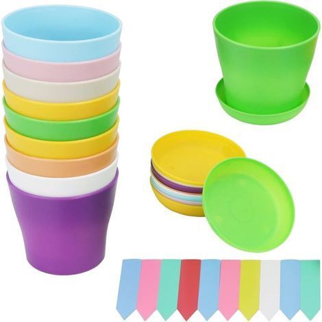 Lote de 10 macetas pequeñas de plástico para jardín, oficina y dormitorio, con bandejas de drenaje, 8 colores y 10 etiquetas para plantas (1/5)