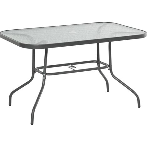 Mesa de jardín rectangular gris 120 x 80 x 70 cm con agujero para sombrilla (1/5)