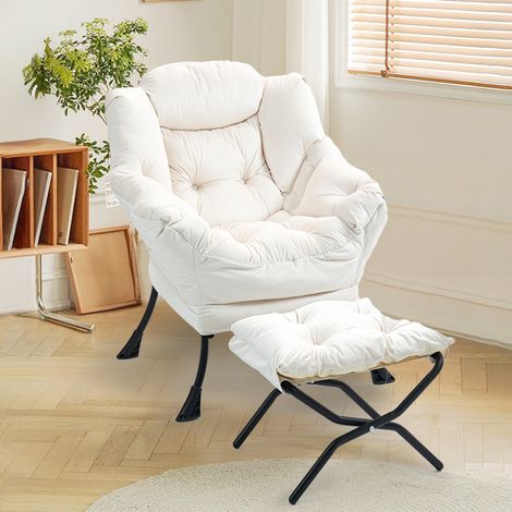 Fauteuil de relaxation 70x20x77 cm blanc cassé en métal avec repose-pieds pliable et poche latérale (1/4)