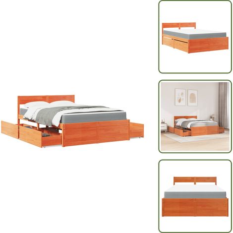 The Living Store Lit avec tiroirs/matelas cire marron 140x190 cm bois massif pin - Lit Double - Lit Plateforme - Lit Avec Rangements - Lit Bois Massif - Matelas Ressorts Ensachés
