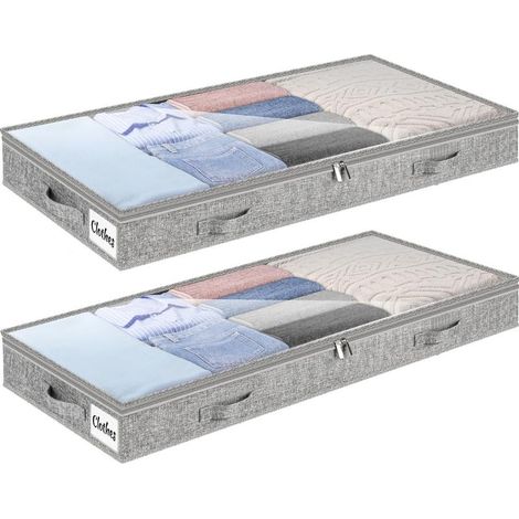 Set di 2 contenitori sotto il letto, 100x50x10 cm, 50 litri, tessuto non tessuto, coperchio trasparente, maniglia rinforzata, ideali per camera da letto e armadio. (1/5)
