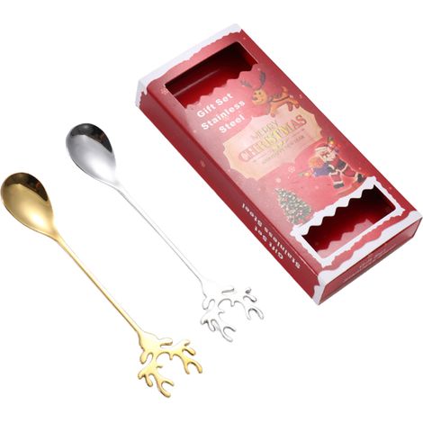 Cuillère à remuer en acier inoxydable en forme de tête de cerf, ensemble de 2 pièces, cuillère à mélanger, café et Dessert d'élan de noël (1/5)