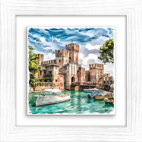 Lupia - Quadro moderno con paesaggi e localismi italiani, Ceramica e Stampa Rilievo, Cornice Legno Shabby Modern bianca, Decorazione Parete, Quadretti Soggiorno, 29x29 cm, BRESCIA SIRMIONE (1/4)