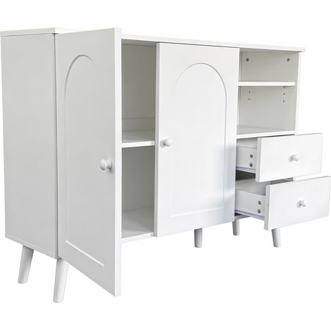 Buffet blanc avec portes bombées, 2 tiroirs, 2 portes, étagères ouvertes, poignées et pieds en bois, 118x35x82 cm (1/5)